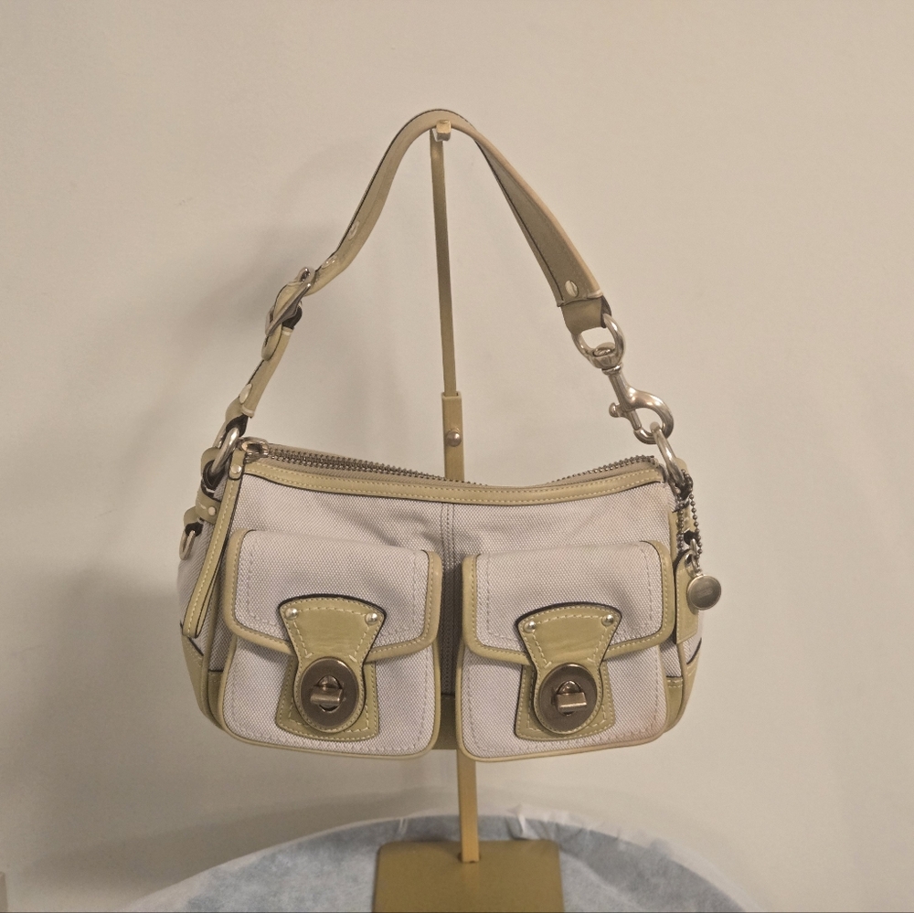 Coach Double turn lock satchel Y2K Yellowish green leather trim - Picture 2 of 16